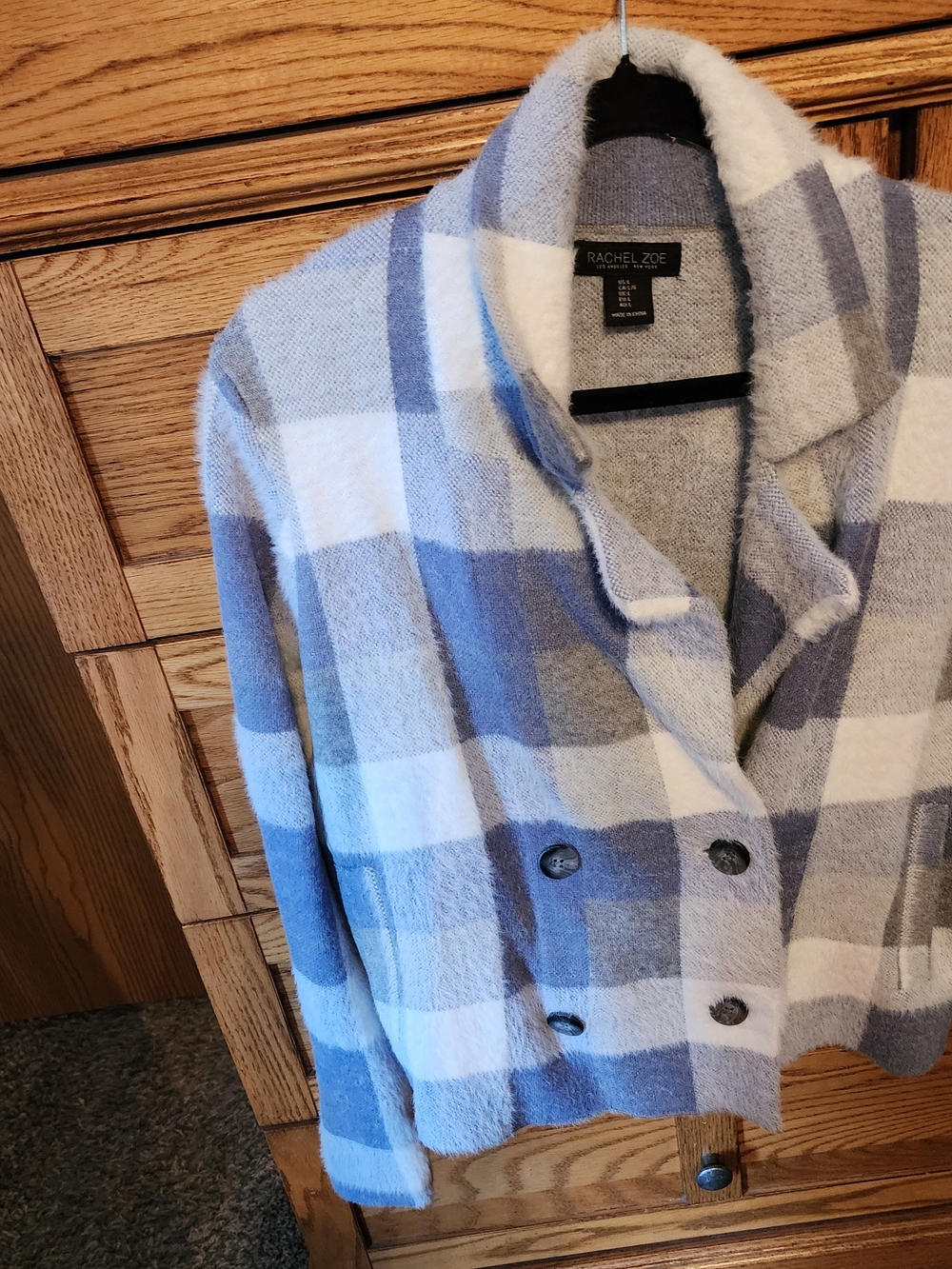 Rachel Zoe Blue and White Plaid Double-Breasted Pea Coat